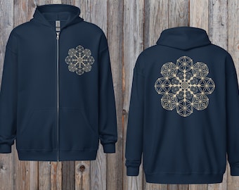Golden Seed of Life printed zip hoodie: Sacred geometry zip up jacket, S-5XL, white, black, navy, grey, Unisex