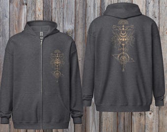 Cosmic Moon Phase Sacred Geometric Zip-Up Hoodie Grey~UNISEX~Yoga Full Zip Jacket~Boho Tribal Pullover~Goa Psy Trance Hoodie~Hippie Hoodie