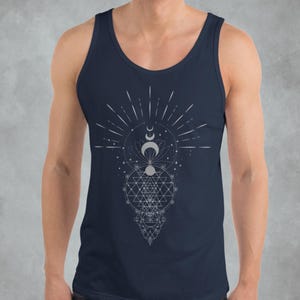 May include: A navy blue tank top with a white geometric design featuring a stylised sun, moon, and stars. The design is centred on the chest of the tank top.