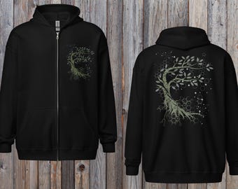 Tree Abstract Zip-Up Hoodie Black~UNISEX,S-5XL,Tree Full Zip Jacket Men~Yoga Pullover~Goa Psy Trance Hoodie~Hippie Hoodie~Forest Tree Jacket