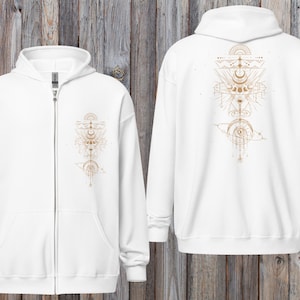 Cosmic Moon Phase Sacred Geometric Zip-Up Hoodie White~UNISEX~Full Zip Jacket Men~Boho Pullover~Goa Psy Trance Hoodie~Hippie Jacket~Yoga Top