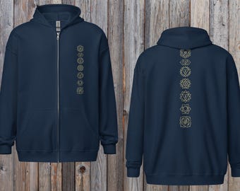 Sudadera unisex con cremallera y los 7 chakras / Ropa de calle minimalista y espiritual