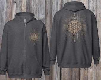 Flower of Life Sacred Geometric Zip-Up Hoodie Grey~UNISEX~Yoga Full Zip Jacket~Boho Pullover~Goa Psy Trance Hoodie~Hippie,Alternative Shirt
