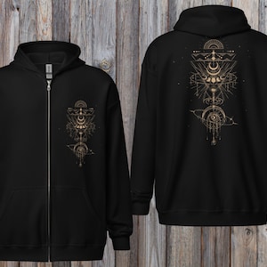 Cosmic Moon Phase Sacred Geometric Zip-Up Hoodie Black~UNISEX~Full Zip Jacket Men~Boho Pullover~Goa Psy Trance Hoodie~Hippie Jacket~Yoga Top