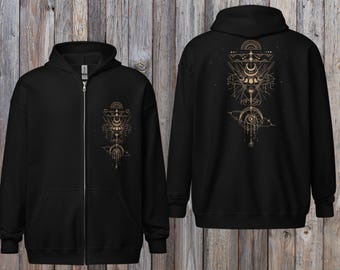 Cosmic Moon Phase Sacred Geometric Zip-Up Hoodie Black~UNISEX~Full Zip Jacket Men~Boho Pullover~Goa Psy Trance Hoodie~Hippie Jacket~Yoga Top