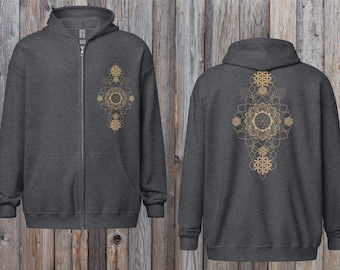 Sudadera unisex con cremallera Flor de la Vida, Sudadera de algodón con Geometría Sagrada, Chaqueta para festivales, Ropa Psywear, Regalo espiritual