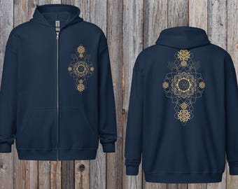 Sudadera con capucha y cremallera de geometría sagrada, sudadera unisex de algodón, sudadera con capucha de la flor de la vida, chaqueta para festivales de psytrance, ropa espiritual.