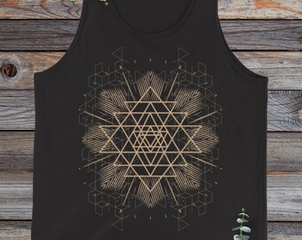 Sri Yantra golden printed mens cotton tank top: Sacred Geometry tees, S-2XL, black, navy, white, unisex