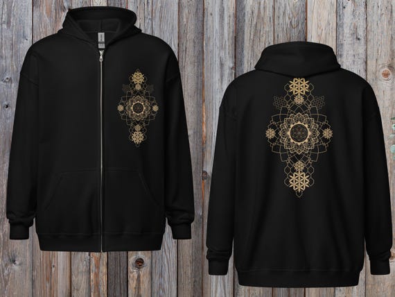 Flower of Life Zip-Up Hoodie Black~UNISEX~Sacred Geometric Full Zip Jacket Men~Yoga Pullover~Goa Psy Trance Hoodie~Hippie,Alternative Hoodie