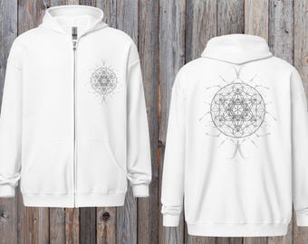 Sudadera con capucha y cremallera con estampado de geometría sagrada Merkaba: Chaqueta con cremallera, tallas S-5XL, blanca, negra, azul marino y gris, unisex.
