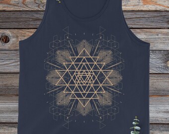 Sri Yantra golden printed mens cotton tank top: Sacred Geometry tees, S-2XL, black, navy, white, unisex