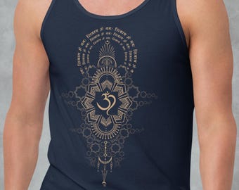 May include: Navy blue tank top with a gold-colored Om symbol and intricate geometric design. The design includes text in a circular pattern around the top. A stylish and comfortable top for yoga or casual wear.