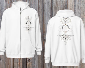 ユニセックス ムーンフェイズ ジップパーカー、コットン フェスティバルパーカー、天体ジャケット、魔女風パーカー、スピリチュアル ストリートウェア、ボヘミアン ジップパーカー
