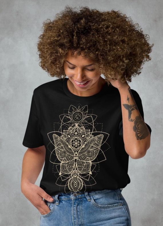 Sacred Geometry Butterfly T‑Shirt – Psytrance Goa Festival Unisex Organic Tee – Hippie Spiritual Wear