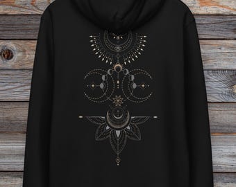Moon Phase Organic Cotton Hoodie Black~UNISEX,S-2XL,Men Hoodie~Sacred Geometric Pullover~Goa Psy Trance Hoodie~Hippie Shirt~Yoga Pullover