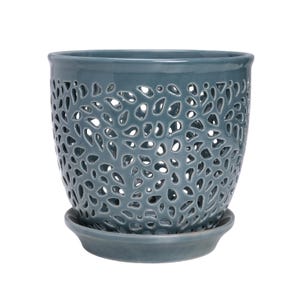 Elegant Lace Blue Orchid Pot – Handcrafted Porcelain Ceramic with Saucer | Airy Design for Healthy Orchids | Indoor Plant Decor Gift