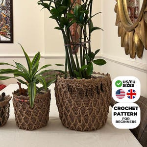 Może przedstawiać: Trzy brązowe osłony na doniczki z szydełka o różnych rozmiarach, każda z zieloną rośliną. Największa donica ma wysoką, liściastą roślinę. Wzór szydełkowy jest widoczny. Obraz zawiera tekst "US/EU Sizes" i "Crochet Pattern for Beginners."