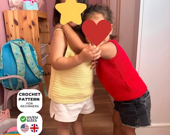 Haakpatroon voor een kindertop, gehaakte blouse voor peutermeisjes, digitaal PDF-patroon, zomertop voor beginners met schelpversiering
