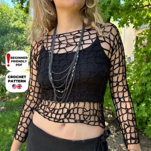 Filet Mesh Crochet Top Pattern Digital PDF XS-XL | Summer Fishnet Blouse Beach | Net Stitch Beginner Easy Long Sleeve Boho Tank