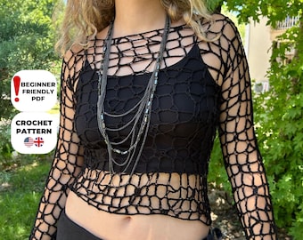 Filet Mesh Crochet Top Pattern Digital PDF XS-XL | Summer Fishnet Blouse Beach | Net Stitch Beginner Easy Long Sleeve Boho Tank