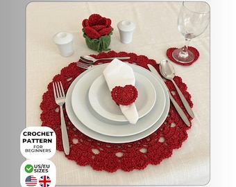 Crochet Placemat & Coaster Set Digital PDF Pattern | Valentine Heart Doily Tutorial Beginner