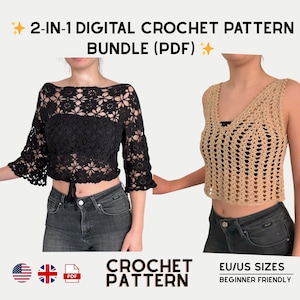 Peut inclure: Image de deux hauts en crochet. L'un est noir avec des détails floraux et des manches longues. L'autre est beige avec un col en V. Le texte indique "2-IN-1 DIGITAL CROCHET PATTERN BUNDLE (PDF)" et "CROCHET PATTERN".