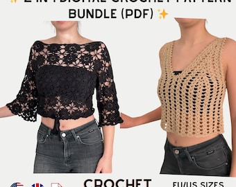 2 Summer Crochet Tops Bundle: Boho Lace Blouse & V-Neck Tank