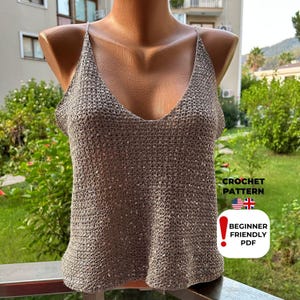 Close-up front view of sequin crochet blouse with V-stitch mesh pattern and elegant neckline, handmade from digital PDF pattern for boho summer fashion styling.