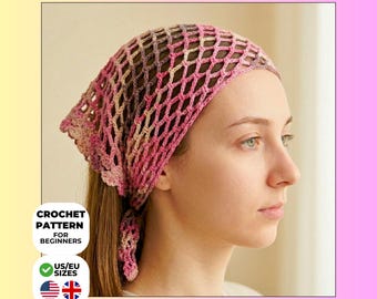 Haakpatroon voor een bandana, boho kanten haarsjaal en hoofddoek, eenvoudig zomeraccessoire voor beginners, digitaal PDF-patroon