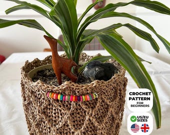 Boho Plant Cover Crochet Pattern | PDF Pattern | Adjustable Size Paper Yarn Mesh Orchid Sleeve | Coastal Grandma Housewarming Gift DIY Home