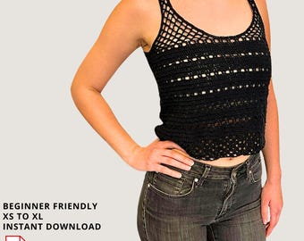 Mesh Crochet Tank Top Pattern Digital File | XS-XL | Black Lace V-Neck Scalloped Edge | Easy Beginner Summer Festival PDF Download