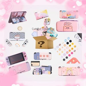 May include: A selection of Nintendo Switch accessories, including cases, controller skins, and button sets. The cases showcase diverse designs, like cartoon characters, floral patterns, and abstract art. The colour scheme incorporates pink, purple, and pastel shades.