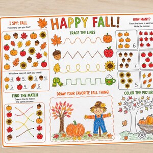 Pode incluir: Uma folha de atividades imprimível intitulada HAPPY FALL com jogos de temática de outono como I Spy, traçar linhas, contar, combinar e colorir. A página inclui ilustrações de abóboras, folhas, girassóis, bolotas e um espantalho.