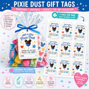 Könnte beinhalten: Ein durchsichtiger Plastikbeutel gefüllt mit bunten Bonbons und ein weißes Geschenkanhänger mit einer Grafik einer schokolierten Leckerei, blauem Text Just A Little Pixie Dust und einem Bogen mit neun identischen, ausdruckbaren Geschenkanhängern.