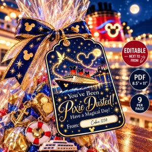 May include: A rectangular gift tag with a dark blue night sky background featuring a cruise ship, a fairy silhouette, and a Mickey Mouse-shaped constellation. The text reads You've Been Pixie Dusted! Have a Magical Day! From: Cabin 1234.