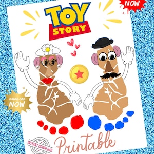 May include: A Toy Story printable featuring Mr. and Mrs. Potato Head characters with white gloved hands, red and blue painted footprints, a yellow star ball, and red hearts. The design includes Download Now text in red and gold starbursts.