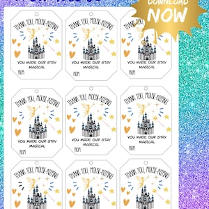 May include: Printable gift tags with a castle, fairy, and heart design. The tags read "Thank You, Mouse-Keeping, You Made Our Stay Magical." A gold starburst graphic says "Download Now."