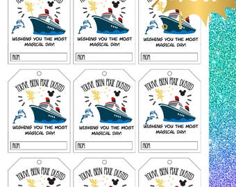 May include: Printable gift tags with a cruise ship design, featuring the text "You've Been Pixie Dusted" and "Wishing You The Most Magical Day!". Includes a "From" section. A gold starburst says "Download Now".