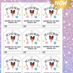 Könnte beinhalten: Druckbare Geschenkanhänger mit einem skurrilen Design. Jeder Anhänger zeigt einen braunen Mickey Mouse-förmigen Lolli, den Text "Just a Little Pixie Dust" und "Wishing you the most magical day!" Enthält ein Feld für "From."