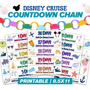 Könnte beinhalten: Eine druckbare Disney Cruise Countdown-Kette mit bunten Papiergliedern und Countdown-Karten. Die Karten zeigen Illustrationen von Kreuzfahrtartikeln und den Text "DISNEY CRUISE COUNTDOWN CHAIN". Die Größe beträgt 8,5 x 11 Zoll.
