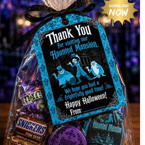 May include: A clear plastic treat bag tied with a black ribbon, featuring a rectangular tag with blue and black ornate borders. The tag reads: Thank You for visiting our Haunted Mansion. We hope you had a frightfully good time! Happy Halloween! From: