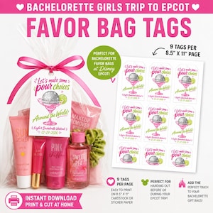 Könnte beinhalten: Rosa Gastgeschenktaschenanhänger für einen Junggesellinnenabschied in Epcot. Die Anhänger zeigen ein Cocktail-Design mit dem Text "Let's make some pour choices" und "Around the World!". Das Bild enthält auch eine transparente Tasche mit rosa Schönheitsprodukten.