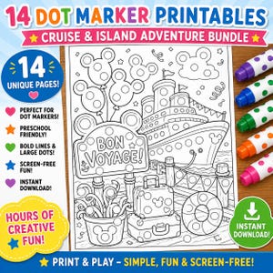 Pode incluir: Página para colorir imprimível em preto e branco com um navio de cruzeiro, bagagem e um salva-vidas. O texto diz "Bon Voyage!" e "14 Dot Marker Printables Cruise & Island Adventure Bundle". Inclui marcadores de pontos.
