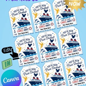 May include: Printable gift tags with a cruise ship design, featuring the text "You've Been Pixie Dusted!" and "Cast All Your Cares Away!". Includes a space to write a name. The tags have a blue background and are decorated with dolphins and fairies.