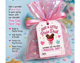 Etiquetas de recuerdo editables con diseño de polvo de hadas, etiquetas de regalo imprimibles para fiestas de Disney Cruise, etiquetas de recuerdo mágicas para cumpleaños, etiquetas de regalo para baby shower.