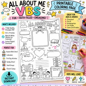 Op de afbeelding: Printbare kleurplaat getiteld "All About Me VBS". Het zwart-wit ontwerp bevat invulvakken en illustraties voor kinderen. Ideaal voor de Vakantiebijbelschool en andere kinderactiviteiten.
