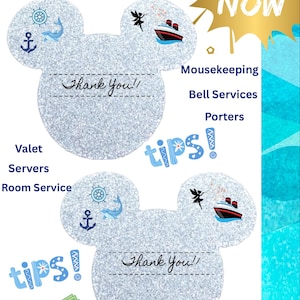 May include: A printable, glittery gray tip template in the shape of a mouse head, with the words "Thank You!!" and "tips!" in blue. The template includes icons of an anchor, ship, and fairy.