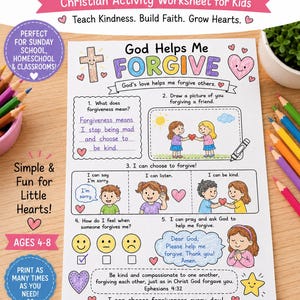 May include: A Christian activity worksheet for kids titled God Helps Me FORGIVE, featuring colourful illustrations of children, hearts, and a cross. The 21.6 x 27.9 cm printable page includes prompts for drawing, writing, and reflection on kindness and faith.