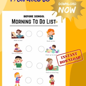 Può includere: Un elenco di cose da fare al mattino stampabile per bambini, con illustrazioni di attività quotidiane come rifare il letto, lavarsi i denti e vestirsi. Il design include le parole "Printable", "Morning To Do List", "Download Now" e "Instant Download".