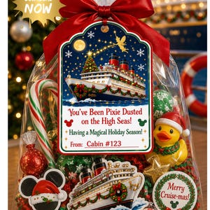 May include: A clear plastic gift bag filled with holiday treats, including a candy cane, a rubber duck wearing a Santa hat, and chocolates. A tag features a cruise ship illustration and the text: You've Been Pixie Dusted on the High Seas!